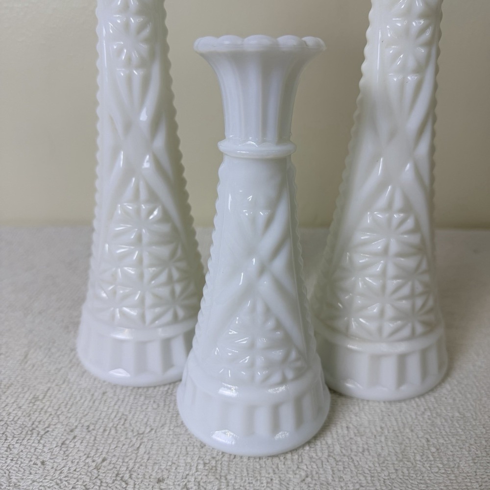 Set Of 3 Anchor Hocking VTG Milk Glass Vase Stars & Bars Tall Glossy Bud Vase